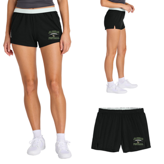 Women’s model wearing black Jackson Heights Jr. Cobras Victory Arch jersey-knit squad shorts