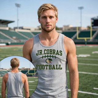 Model wearing Jackson Heights Jr. Cobras Victory Arch football men's tank top in Sport Grey