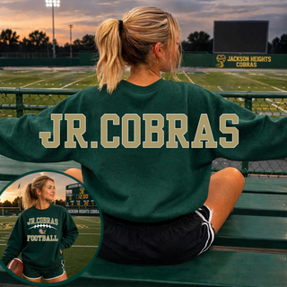 Jackson Heights Jr. Cobras Victory Arch Forest Green crewneck with front football artwork and JR. COBRAS back lettering