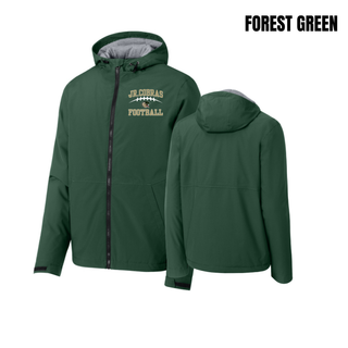 Forest Green Jackson Heights Jr. Cobras Victory Arch waterproof insulated jacket front and back