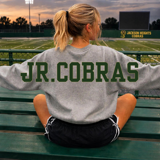 Back view of an oversized Sport Grey Jackson Heights Jr. Cobras crewneck with large Jr. Cobras lettering across the shoulders