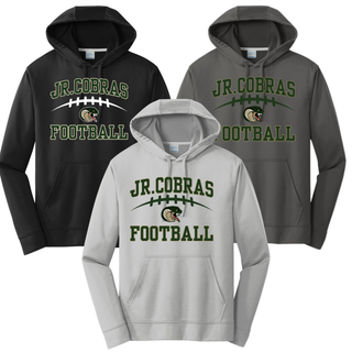 Jackson Heights Jr. Cobras Victory Arch performance fleece hoodies in Black, Silver, and Charcoal