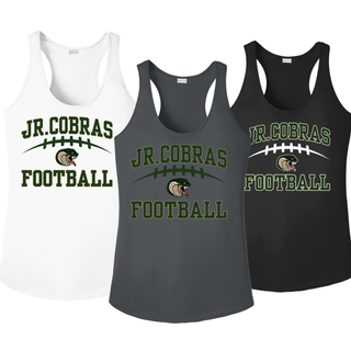 White, Iron Grey, and black Jackson Heights Jr. Cobras Victory Arch women’s PosiCharge racerback tanks