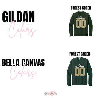 Forest Green Gildan and Bella Canvas crewnecks with Jackson Heights Jr. Cobras custom number football artwork