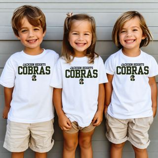 Jackson Heights Little Cobras top in white, kids wearing tee