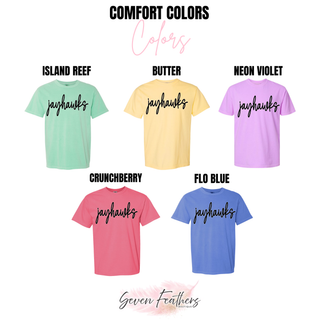 Pastel color chart for jayhawks script top showing island reef, butter, neon violet, crunchberry, and flo blue
