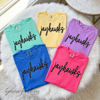 Folded jayhawks script tops in island reef, butter, neon violet, crunchberry, and flo blue pastel colors
