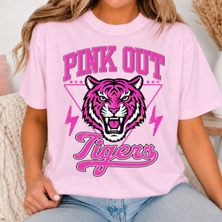 Model wearing a pink Jeff West Tigers Pink Out top with a tiger head graphic and Tigers script