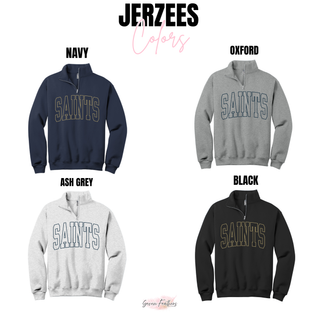 Jerzees Knock Out Saints quarter zip color chart in navy, oxford, ash grey, and black