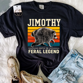 Black Jimothy Feral Legend top with retro sunset raccoon graphic and Seattle WA text