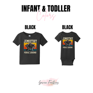 Jimothy Feral Legend top infant and toddler black options with retro sunset raccoon graphic