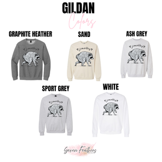 Jimothy raccoon top Gildan color options: graphite heather, sand, ash grey, sport grey, white