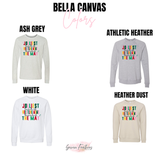 Bella Canvas color chart showing the Jolliest Bunch of Wrestling Moms design in Ash Grey, Athletic Heather, White and Heather Dust