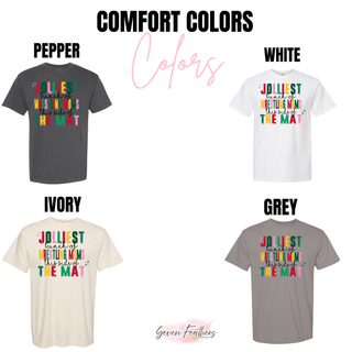 Comfort Colors color chart showing the Jolliest Bunch of Wrestling Moms design in Pepper, White, Ivory and Grey