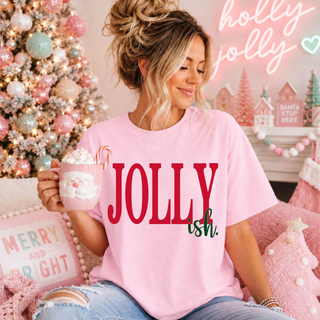 Jolly ish Top in Pink, styled on model with holiday decor