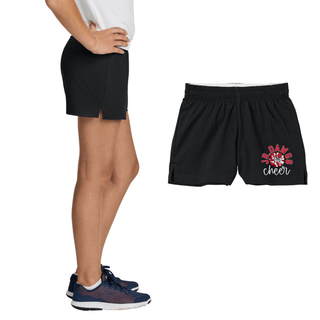 Black Sport-Tek jersey knit squad shorts with red JR. DAWGS cheer and pom pom, girls and women’s fit