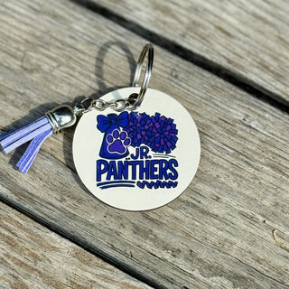 Jr. Panthers Cheer round keychain with attached purple tassel