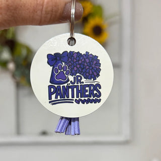 Purple and white Jr. Panthers Cheer spirit keychain with tassel