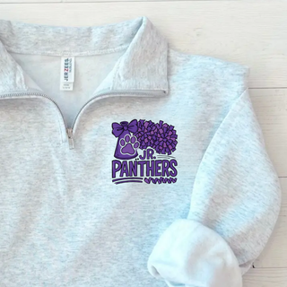 Ash Grey Jr. Panthers Spirit and Poms fleece quarter-zip with purple cheer artwork