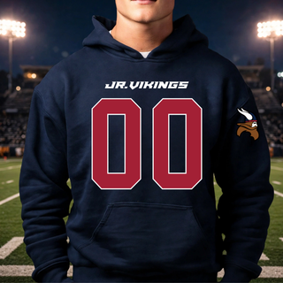 Jr. Vikings custom number jersey hoodie in navy with red numbers and Vikings mascot sleeve logo
