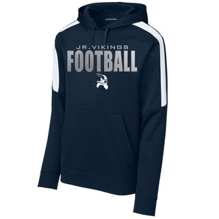 Navy Sport-Tek hoodie with white sleeve stripes featuring JR. VIKINGS FOOTBALL chrome text and Viking logo on front