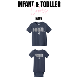 navy infant toddler tee and onesie with jr. vikings football chrome edition design, silver striped text and viking logo
