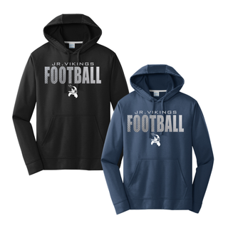 Black and navy Port and Co Performance Hoodies with JR. VIKINGS FOOTBALL chrome text and Viking logo on front