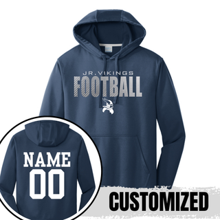 Navy Jr. Vikings Football Chrome Edition Performance Hoodie with custom name and number option shown on back