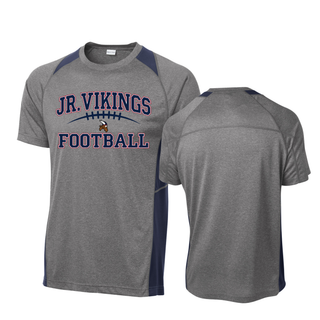 Sport-Tek heather grey navy Colorblock Contender Tee Jr. Vikings Football Classic Lace design shown from front and back
