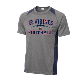 Sport-Tek heather grey navy Colorblock Contender Tee Jr. Vikings Football Classic Lace football arc and viking mascot
