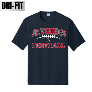 Deep navy dri-fit performance tee with Jr. Vikings Football classic lace arch graphic in red and white on white background
