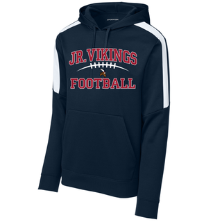 Sport-Tek navy Sport-Wick Fleece United Pullover Hoodie Jr. Vikings Football Classic Lace football arc and viking mascot
