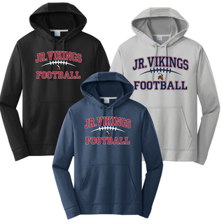 Jr. Vikings Football classic lace performance hoodie in black, silver, and navy with arch graphic on front

