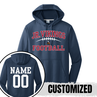 Navy Jr. Vikings Football classic lace performance hoodie showing customized name and number 00 on back
