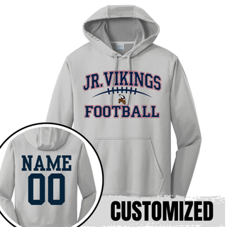 Silver Jr. Vikings Football classic lace performance hoodie showing customized name and number 00 on back
