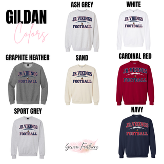 Gildan Jr. Vikings Football classic lace crewneck in ash grey, white, graphite heather, sand, cardinal red, sport grey, navy
