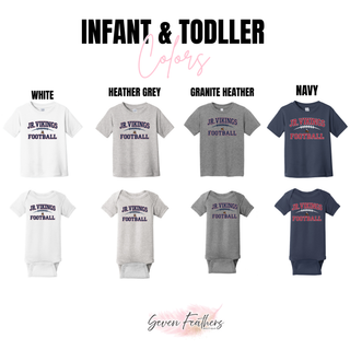 Jr. Vikings Football classic lace infant and toddler tees and onesies in white, heather grey, granite heather, and navy
