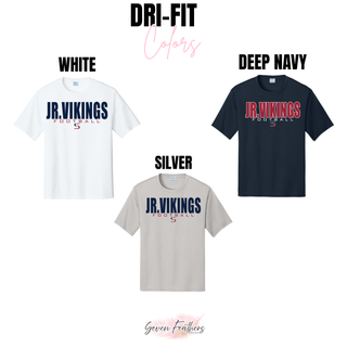 Jr. Vikings Football kickoff dri-fit performance top color chart in white, deep navy, and silver
