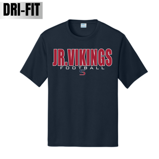 Deep navy dri-fit performance tee with Jr. Vikings Football kickoff graphic in red and white on white background
