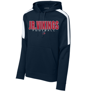 Navy Jr. Vikings Football kickoff fan favorite hoodie showing customized name and number 00 on back
