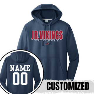 Navy Jr. Vikings Football kickoff performance hoodie showing customized name and number 00 on back
