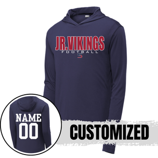 Deep navy Jr. Vikings Football kickoff PosiCharge Competitor Hoodie showing customized name and number on back
