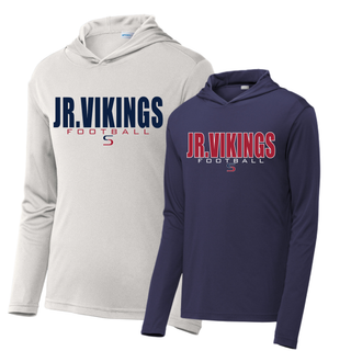 Jr. Vikings Football kickoff PosiCharge Competitor Hoodie in silver and deep navy with team graphic on front
