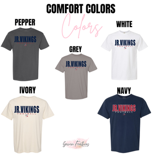 Comfort Colors 1717 Jr. Vikings Football kickoff tee in pepper, grey, white, ivory, and navy
