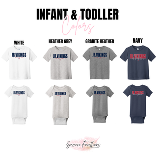 Jr. Vikings Football kickoff infant and toddler tees and onesies in white, heather grey, granite heather, and navy
