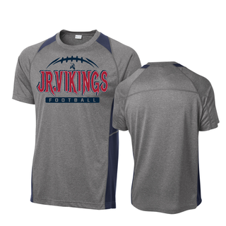 heather grey and navy colorblock contender tee showing front and back views of jr. vikings football nation design
