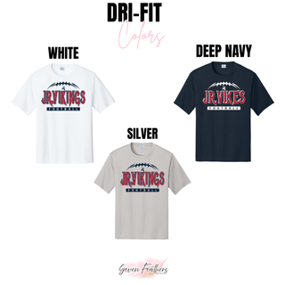 dri-fit performance tee color chart for jr. vikings football nation top in white, deep navy, and silver
