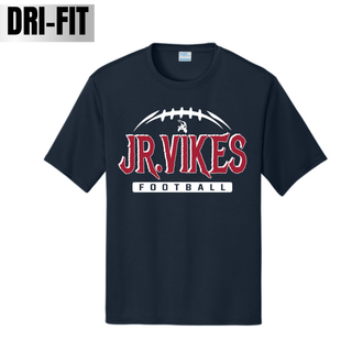 deep navy dri-fit performance tee with jr. vikings football nation design featuring jr. vikes text and football graphic
