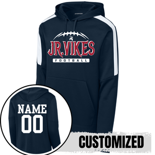 navy and white colorblock Sport-Tek fan favorite hoodie showing customized player name and number on back
