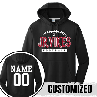 black performance hoodie with jr. vikings football nation design and customized player name and number on the back

